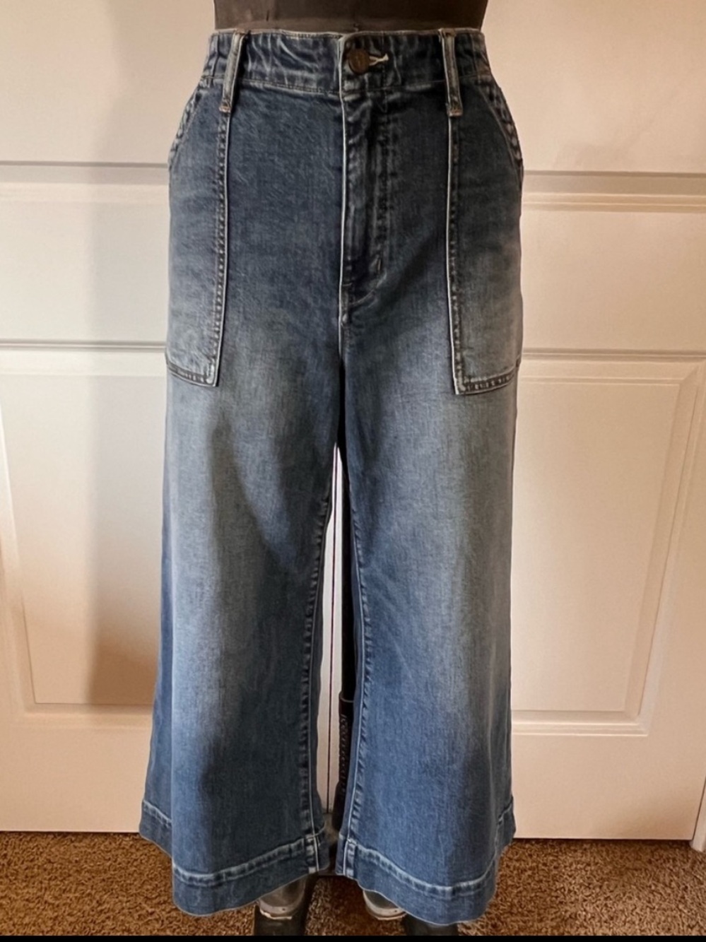 Pilcro and the Letterpress Wide-Leg Flare Jeans in Medium Blue Wash